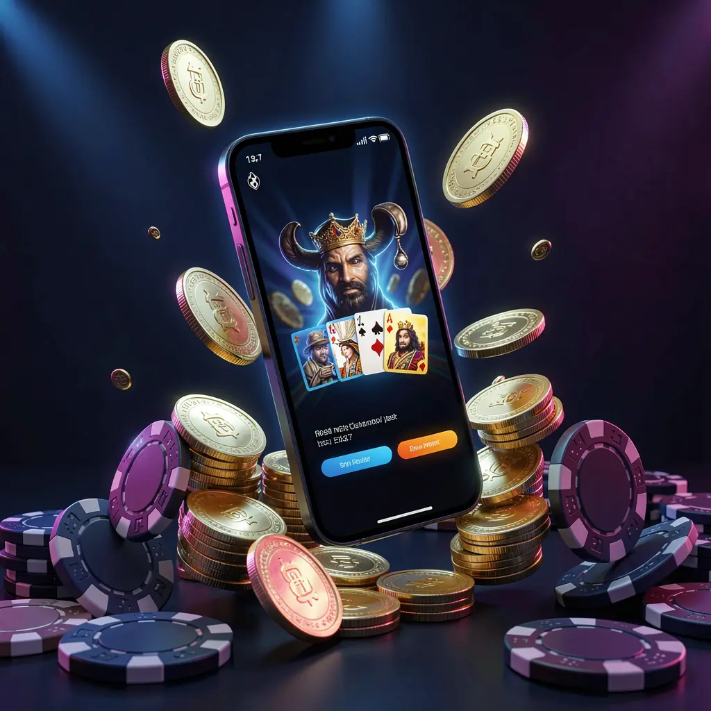 79BD online casino app promotion banner featuring a phone floating above golden coins and poker chips with a dark blue and black background illuminated by cinematic neon glow in a realistic 3D render