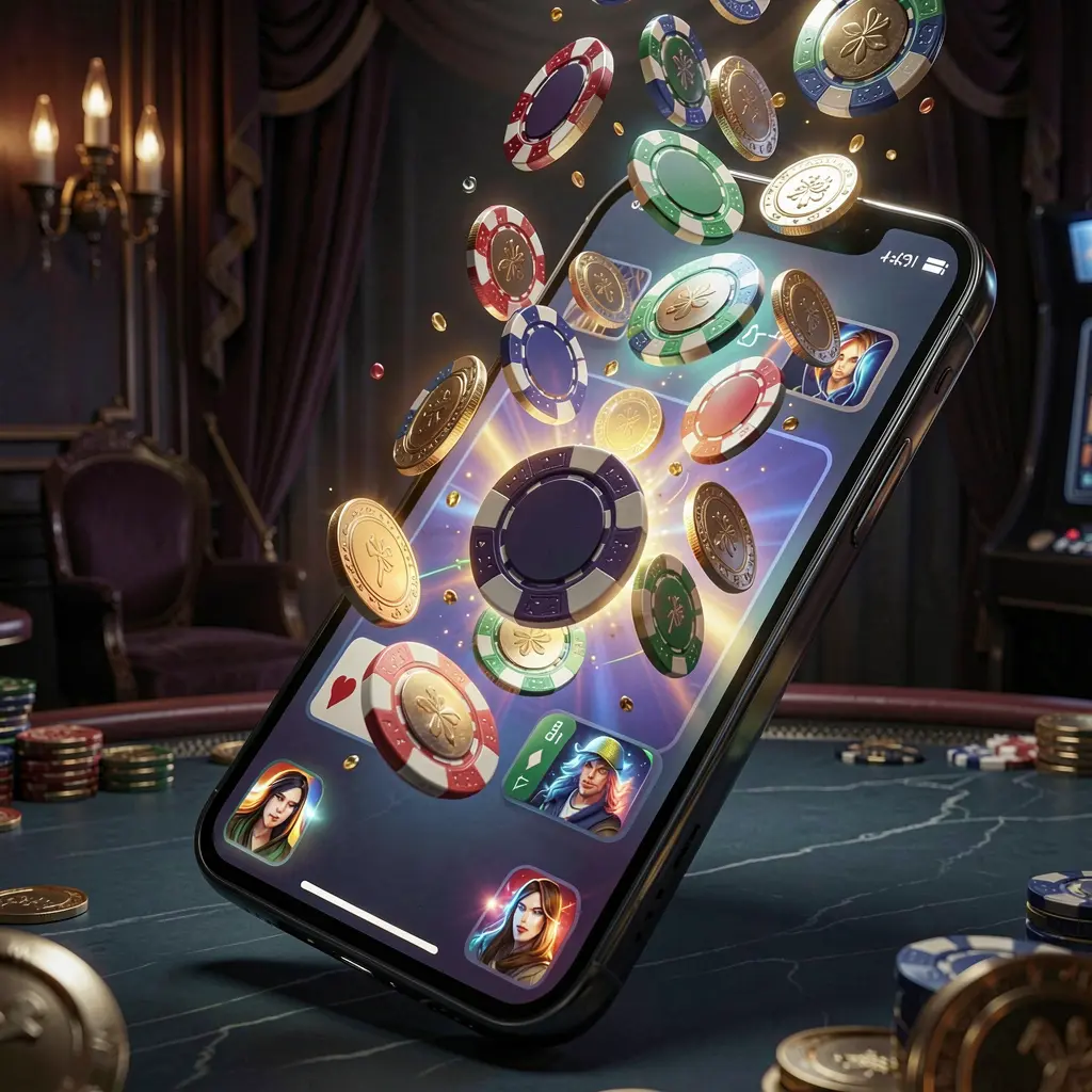 79BD online gaming app on a smartphone screen glowing with casino chips and coins emerging, set against a luxury dark background with cinematic lighting in a high detail 3D render