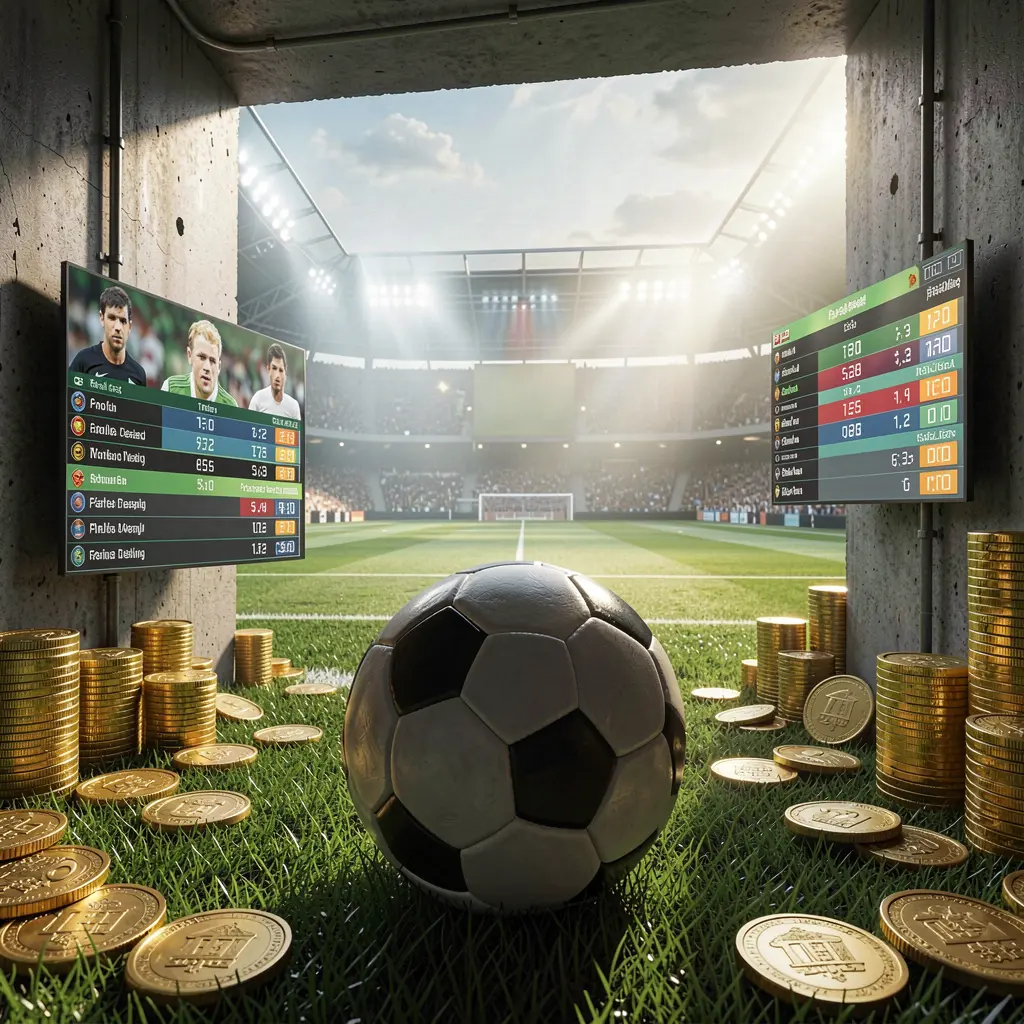 79BD football betting platform scene showing a dramatic stadium tunnel opening to a bright soccer field with a soccer ball in the foreground, digital odds graphics, and gold coins in a realistic cinematic render