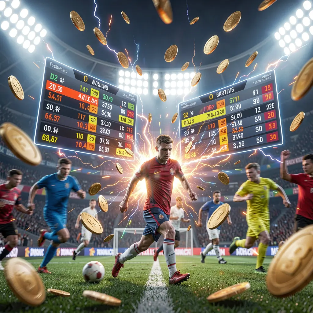 Live football betting scene at a soccer stadium with bright lights and blurred players in action, featuring floating odds panels, coins, and dynamic energy effects, showcasing the 79BD brand