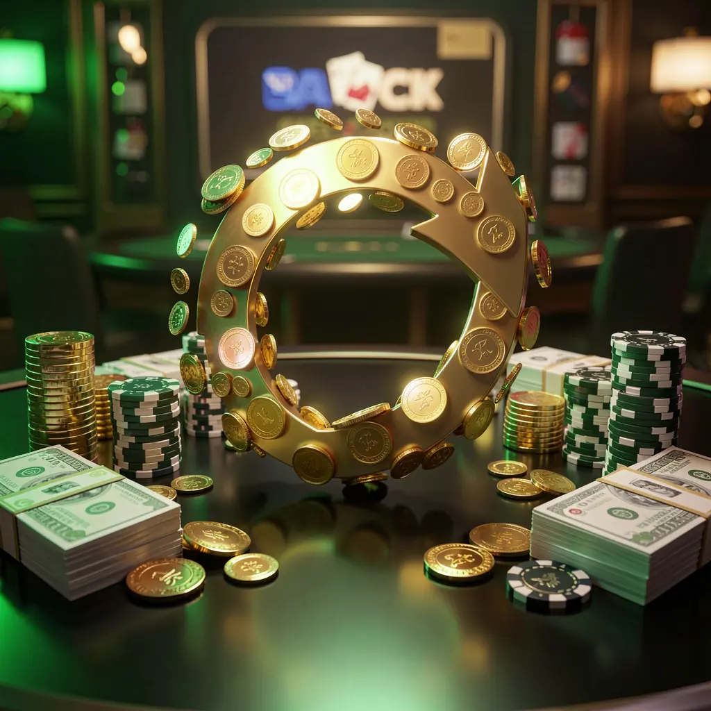 79BD casino cashback bonus visual featuring golden coins returning in a circular arrow motion with poker chips and cash bundles on a glossy dark table illuminated by glowing green and gold accents in a premium online casino style