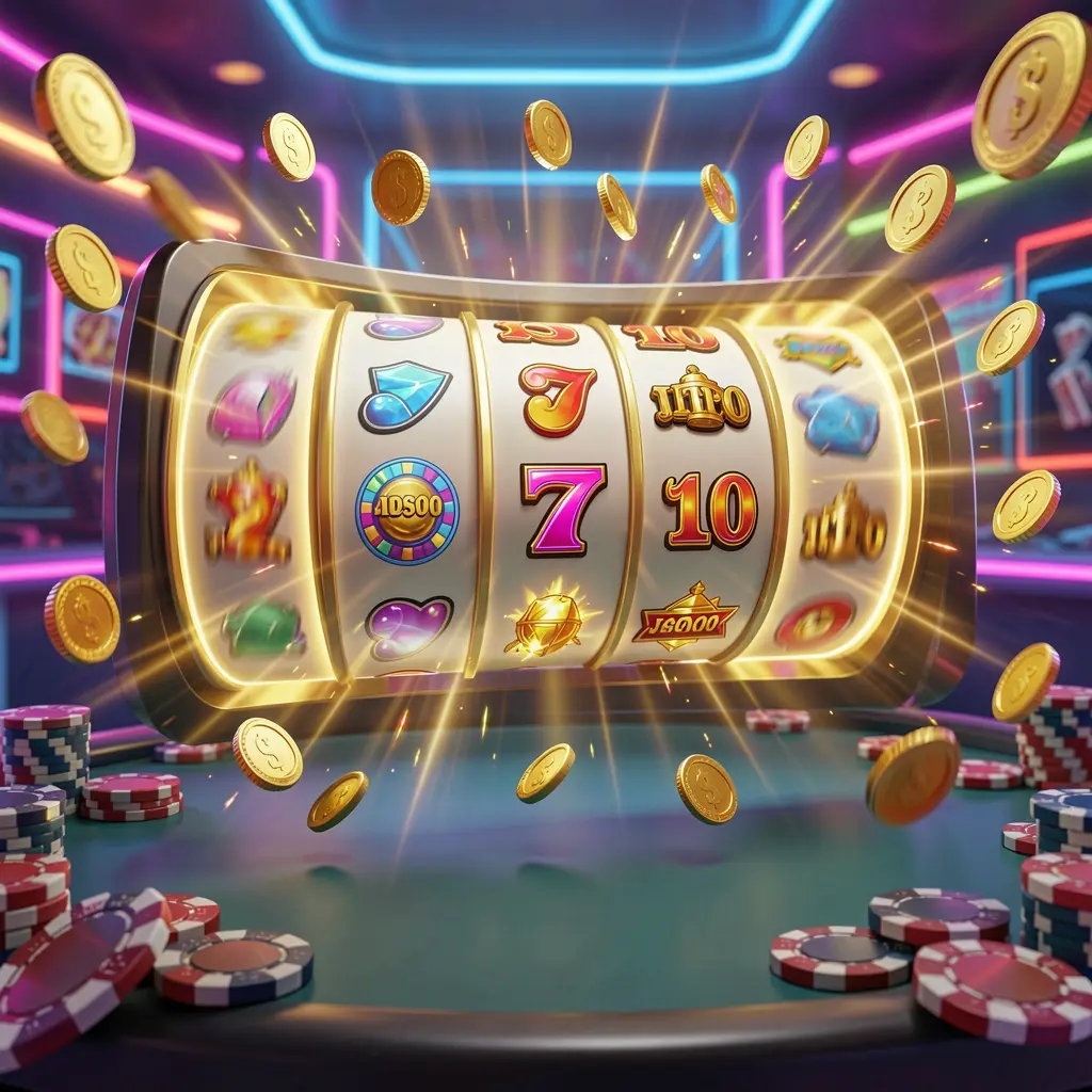 79BD online casino free spins bonus concept featuring colorful slot machine reels spinning with golden light effects, coins flying around, jackpot symbols, and casino chips on a vibrant neon background in a dynamic 3D render