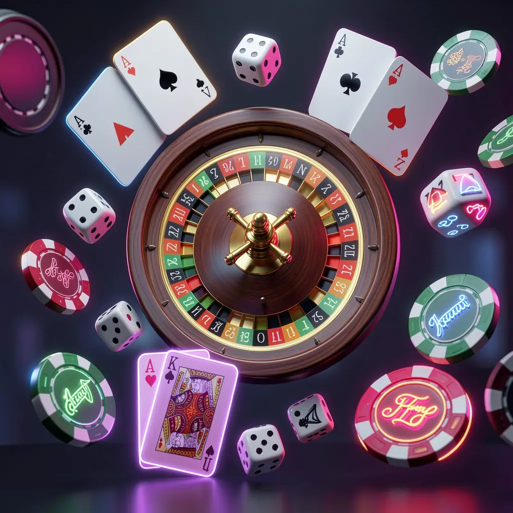 79BD online casino games collection featuring a neon glowing roulette wheel, blackjack cards, dice, slot symbols, and poker chips floating together in a premium 3D render