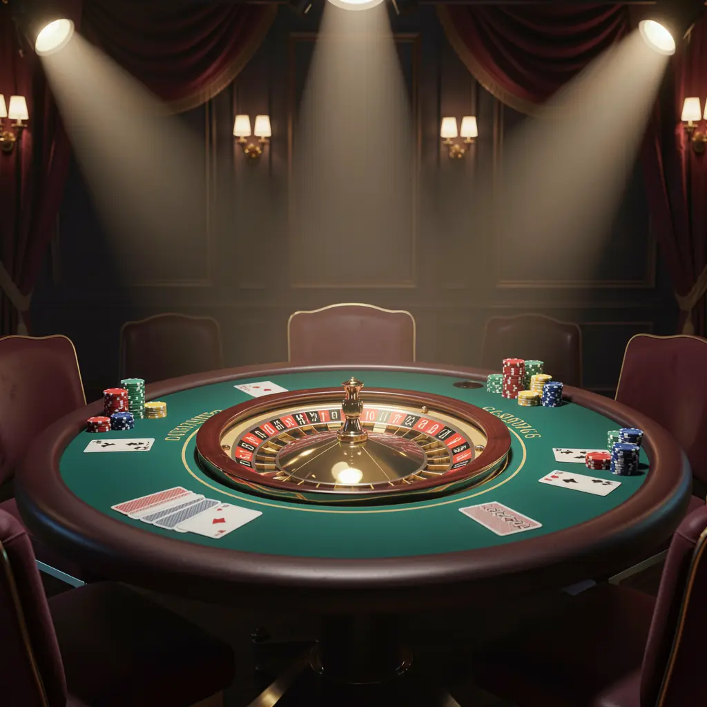 79BD live casino scene featuring a roulette table, playing cards, and chips under glowing spotlights with a dark elegant background in a cinematic 3D style