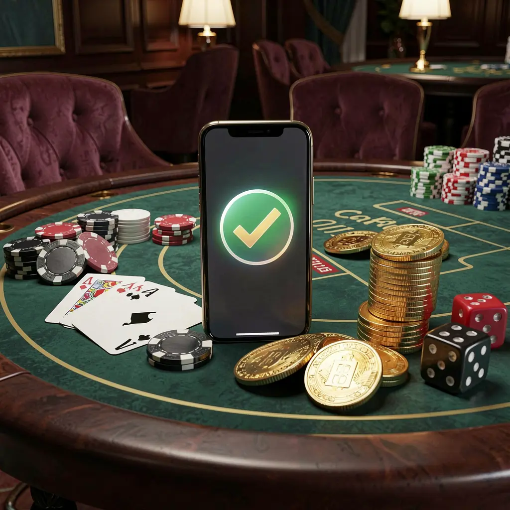 79BD safe casino login concept showing a smartphone with verification checkmark icon surrounded by chips, cards, dice, and golden coins on an elegant luxury casino table in a 3D realistic render