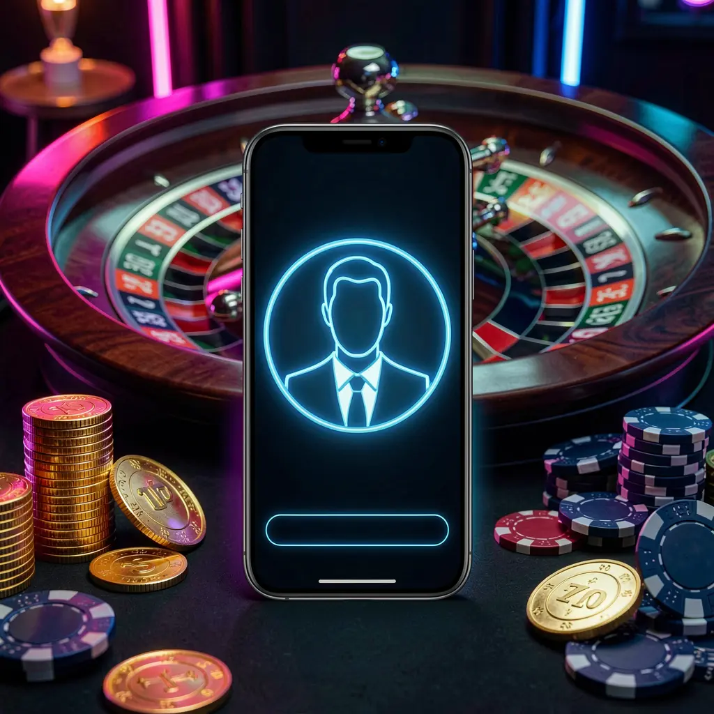 79BD online casino sign in hero image featuring a modern phone with a glowing profile icon, roulette lights in the background, and golden coins and poker chips in a premium dark neon atmosphere