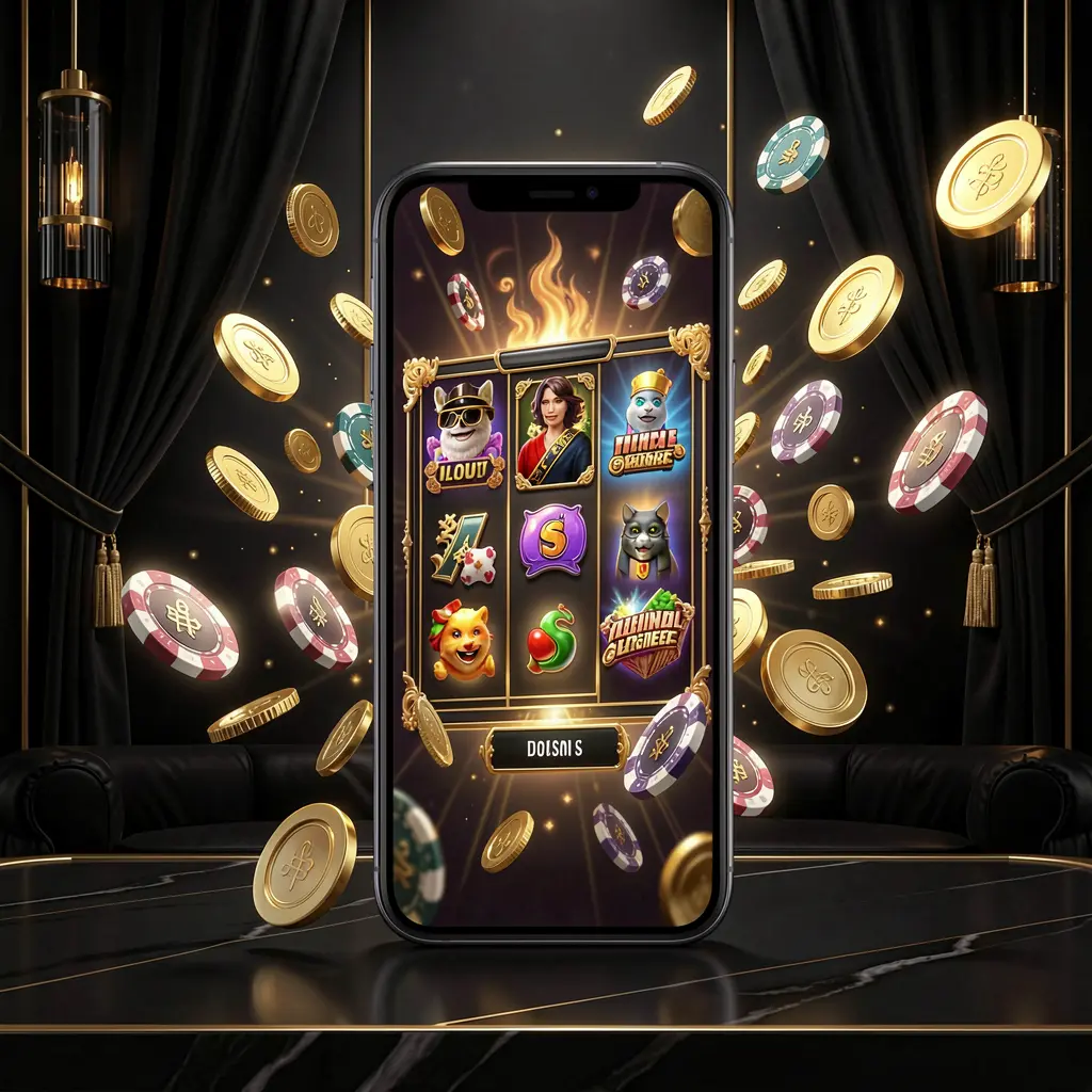 79BD modern online casino main page visual featuring a smartphone with a glowing gaming interface, surrounded by flying coins and chips in a black and gold luxury atmosphere
